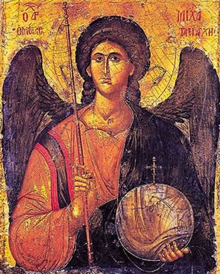 Byzantine icon of the Archangel Michael, holding staff and orb