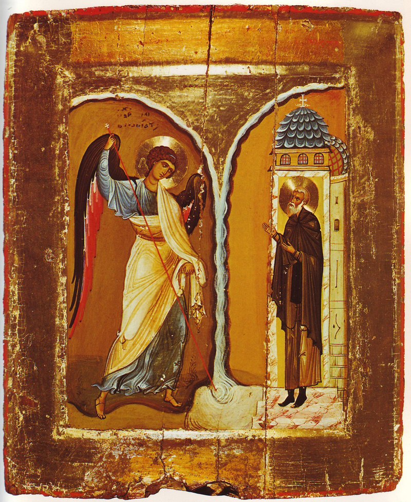 Icon of the Miracle of the Archangel Michael at Chonae: the Archangel with his staff turning the rushing rivers into a chasm in the rock, while the monk Archippos prays at the door of the shrine