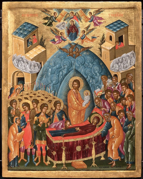 Icon of the Dormition of the Theotokos: the Mother of God on her bier, the apostles gathered around, and Christ standing behind holding her soul as a child in white.