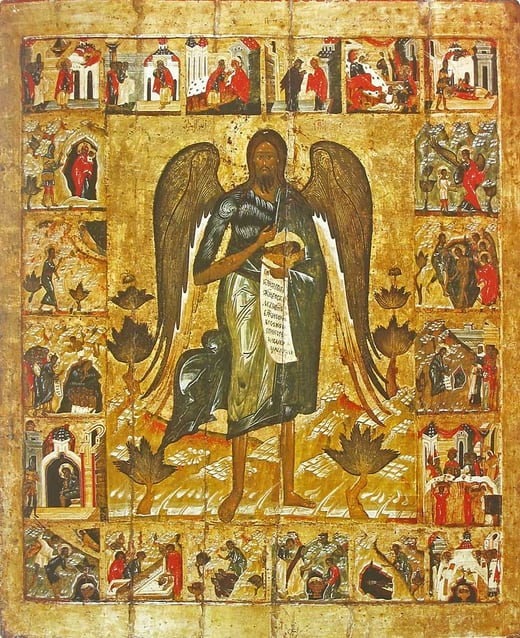 Icon of Saint John the Baptist as the Angel of the Desert, winged, holding a scroll, with scenes from his life in the border