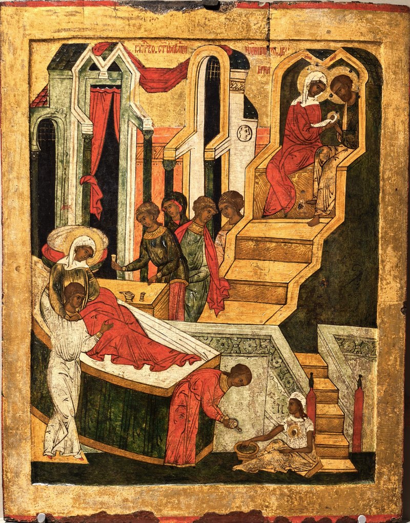 Icon of the Nativity of the Theotokos: Saint Anna resting on her bed attended by women, the newborn Mary washed below, and Joachim and Anna holding the child above