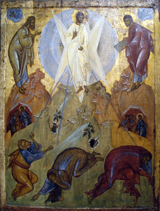 Icon of the Transfiguration by Theophanes the Greek: Christ in white robes within a radiant mandorla between Moses and Elijah, with Peter, James and John fallen to the ground below