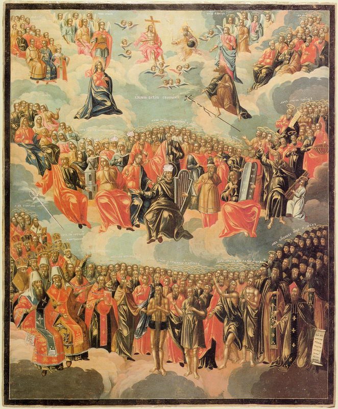 Russian 18th-century icon of All Saints: ranks of hierarchs, blessed, prophets, and the Trinity above, from the Kolomenskoe collection