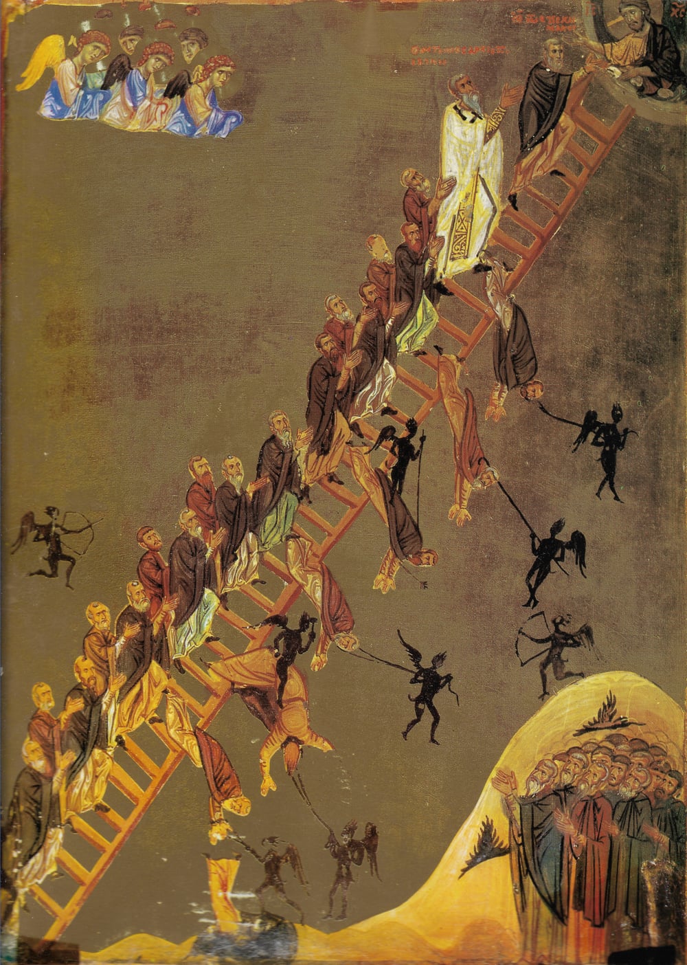 The Ladder of Divine Ascent icon: monks climbing a ladder toward Christ while demons try to pull them off.