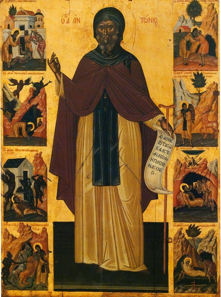 Cretan Orthodox icon of Saint Anthony the Great on a gold ground, surrounded by scenes from his life, painted by Emmanuel Tzanes.