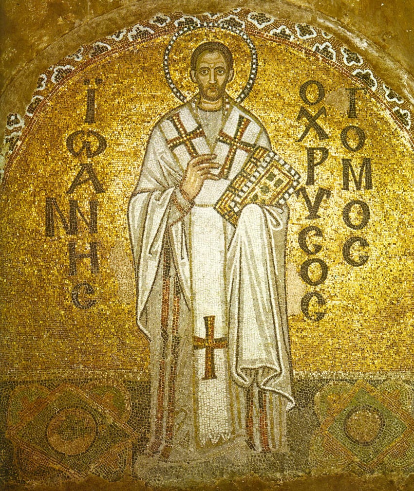 Gold mosaic of Saint John Chrysostom, author of the Divine Liturgy served most Sundays.