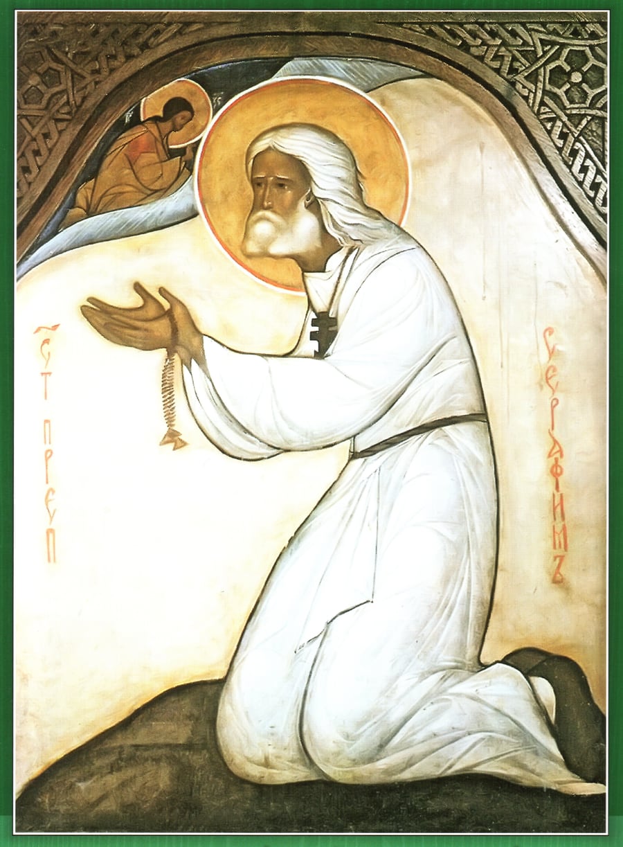 Icon of Saint Seraphim of Sarov, the beloved Russian elder, kneeling in prayer on the rock with a prayer rope.