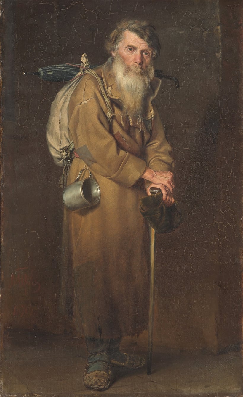 The Wanderer, an 1870 painting by Vasily Perov of a lone Russian pilgrim with a staff and knapsack.