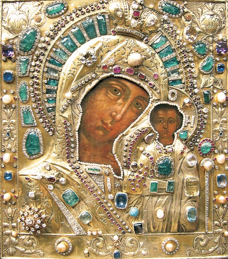 A jeweled icon of the Theotokos of Kazan, the Mother of God holding the Christ child.